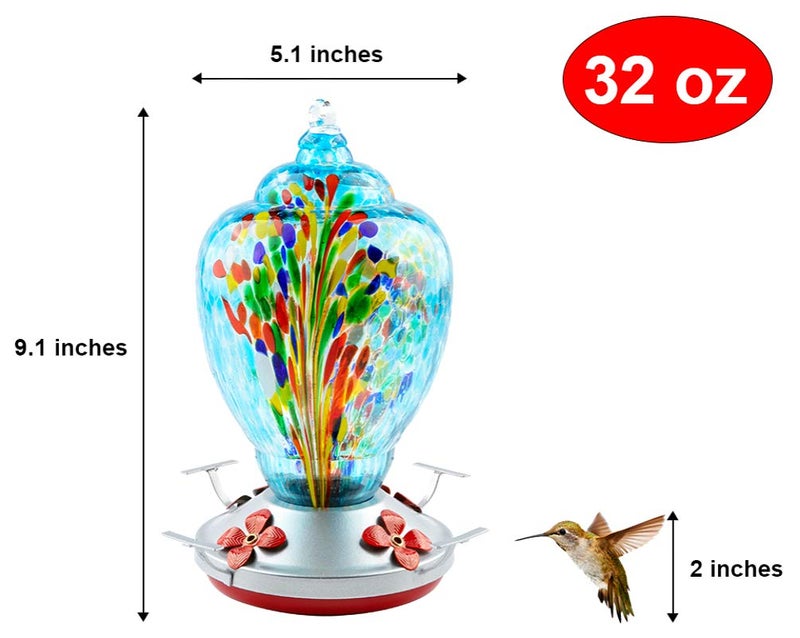 WOSIBO Hummingbird Feeder for Outdoors Patio Large 32 Ounces Colorful Hand Blown Glass Hummingbird Feeder with Ant Moat Hanging Hook, Rope, Brush and Service Card (Blue-Firework) - Image 5