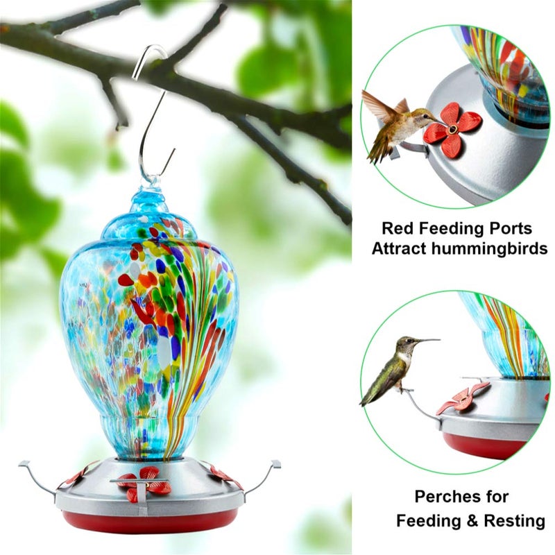 WOSIBO Hummingbird Feeder for Outdoors Patio Large 32 Ounces Colorful Hand Blown Glass Hummingbird Feeder with Ant Moat Hanging Hook, Rope, Brush and Service Card (Blue-Firework) - Image 2