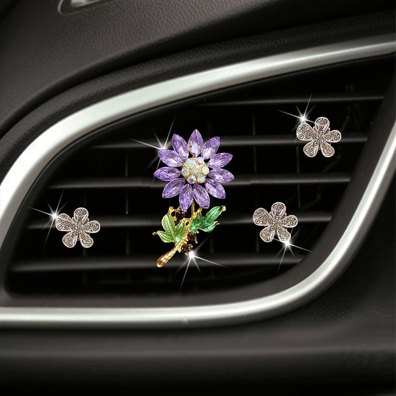 4 Pieces Silver 5 Petal Rhinestone Car Air Vent Clips Flower Decoration - Image 1