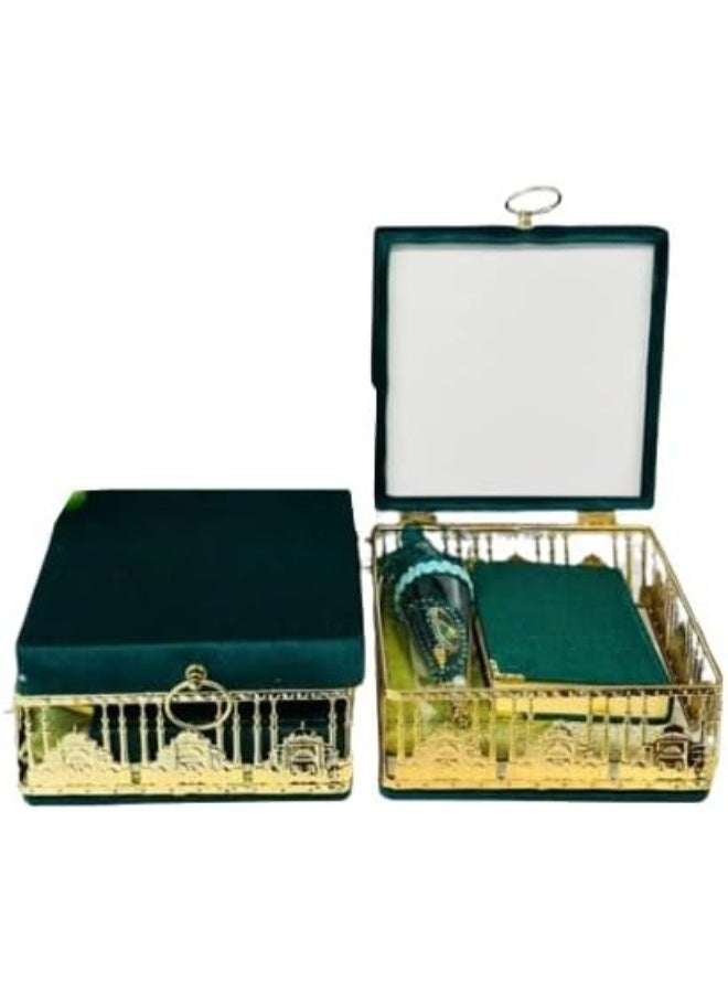 ريبنيو مجموعة هدايا قرآنية أنيقة مع صندوق مخملي، مصحف، تسبيح وسجادة صلاة - هدية إسلامية لرمضان، صندوق مقاس 20-28 سم، عيد، أو زفاف - أخضر. - Image 1