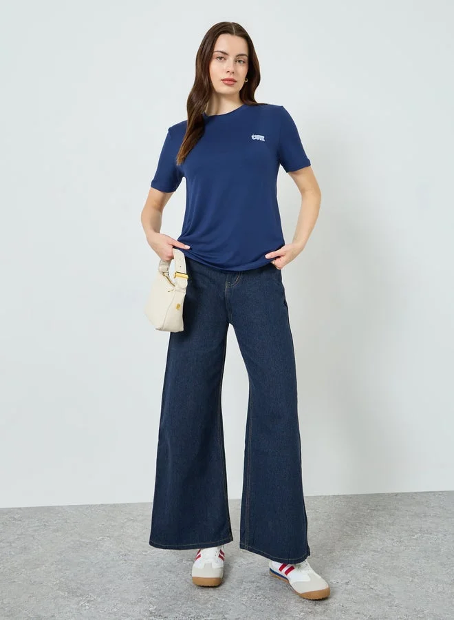 Styli Women Navy Blue Embroidered T-Shirt