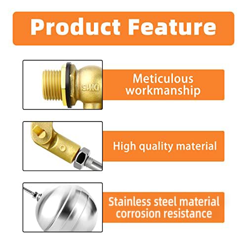 GASHER 2PCS 1/2" 304 Stainless Steel Float Ball Valve with 1/2"G Female x 1/2"NPT Male Adapter, DN15 Adjustable Water Tank Float Ball Valve for Stock Tank Pool Water Level Control - Image 5