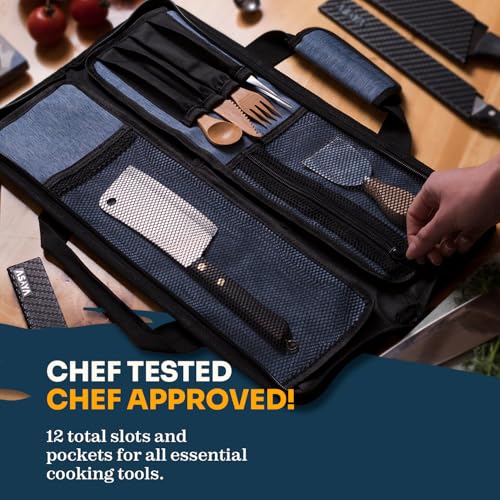 Asaya Chef Knife Roll Bag - 12 Pockets for Knives and Kitchen Utensils - Lightweight, Durable, and Stain Resistant Nylon - Perfect for the Traveling Chef - Knives not Included - Image 4