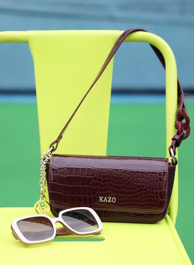 Kazo Belle Shoulder Bag | Compact Style Handbag with Sleek Flap | Chain Detail & Textured Finish | Burgundy Color - Image 2