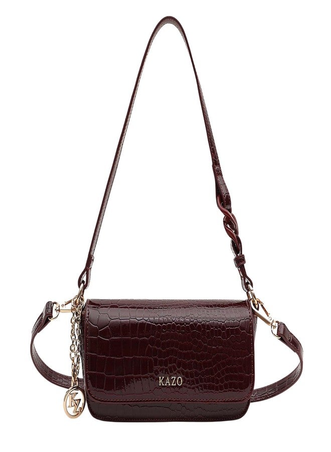 Kazo Belle Shoulder Bag | Compact Style Handbag with Sleek Flap | Chain Detail & Textured Finish | Burgundy Color - Image 1