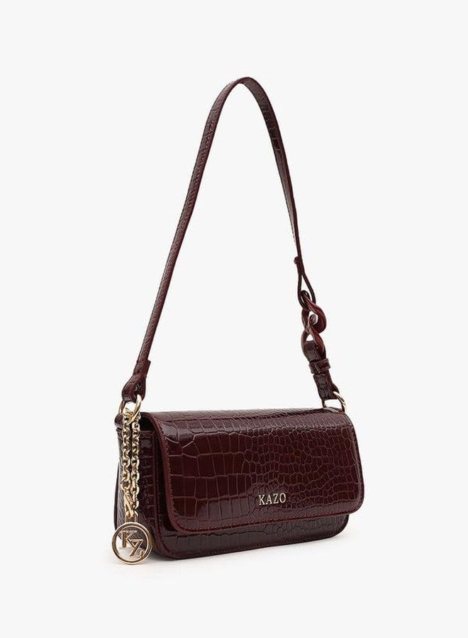Kazo Belle Shoulder Bag | Compact Style Handbag with Sleek Flap | Chain Detail & Textured Finish | Burgundy Color - Image 3