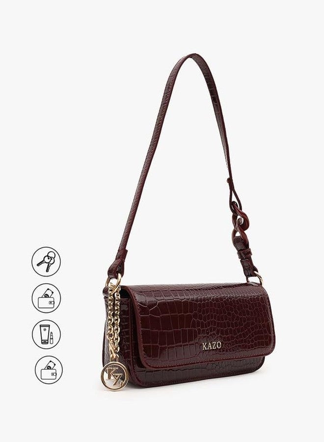 Kazo Belle Shoulder Bag | Compact Style Handbag with Sleek Flap | Chain Detail & Textured Finish | Burgundy Color - Image 5