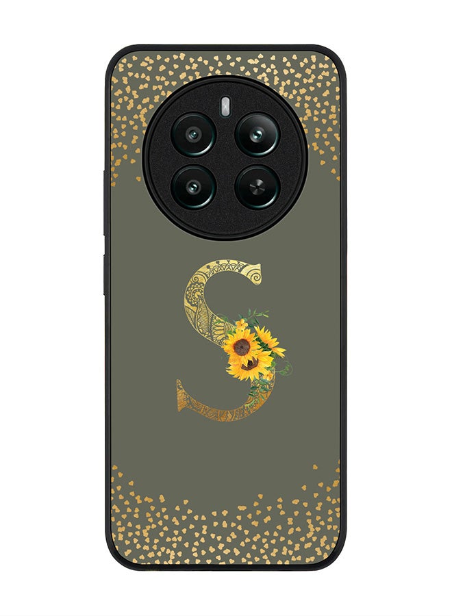Stylizedd Rugged Black edge case for Realme 12 Plus 5G / Realme 12 4G Case Cover- Custom Monogram Initial Letter Floral Pattern Alphabet - S (Olive Green) - Image 1