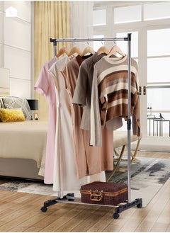LAWAZIM Stainless Steel Clothes Hanger - Single Rail - Clothes Storage Organizer Rack on Swivel wheels with Bottom Shoes & Bags Storage Shelf, Height Adjustable Garment Stand, for Home, Bedroom, Dorm  - Image 1