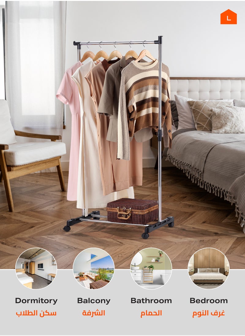 LAWAZIM Stainless Steel Clothes Hanger - Single Rail - Clothes Storage Organizer Rack on Swivel wheels with Bottom Shoes & Bags Storage Shelf, Height Adjustable Garment Stand, for Home, Bedroom, Dorm  - Image 3