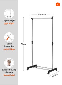 LAWAZIM Stainless Steel Clothes Hanger - Single Rail - Clothes Storage Organizer Rack on Swivel wheels with Bottom Shoes & Bags Storage Shelf, Height Adjustable Garment Stand, for Home, Bedroom, Dorm  - Image 4
