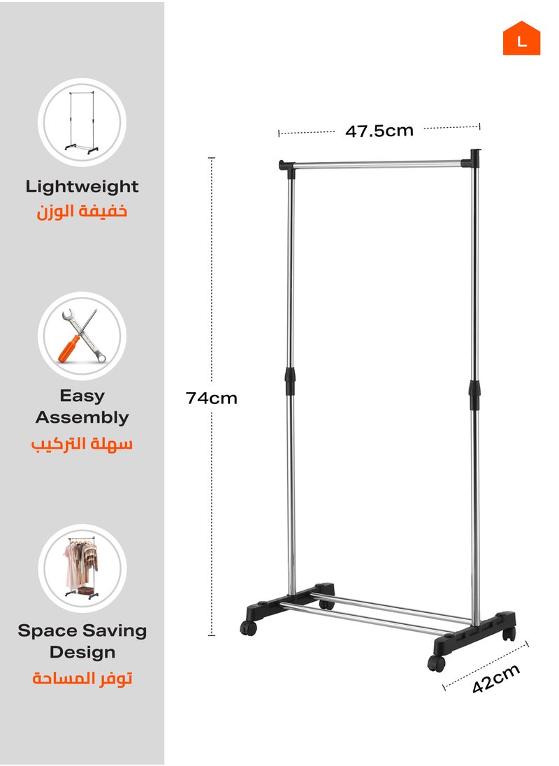 LAWAZIM Stainless Steel Clothes Hanger - Single Rail - Clothes Storage Organizer Rack on Swivel wheels with Bottom Shoes & Bags Storage Shelf, Height Adjustable Garment Stand, for Home, Bedroom, Dorm  - Image 4