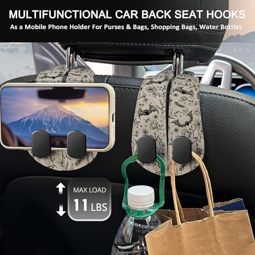 Blusabaca 2PCS Car Hooks for Purses and Bags, Goth Gothic Seat Back Storage Headrest Holder Hanger PU Leather Double Metal Hook for Backseat Organizer, Women Car Accessories Organization - Image 3