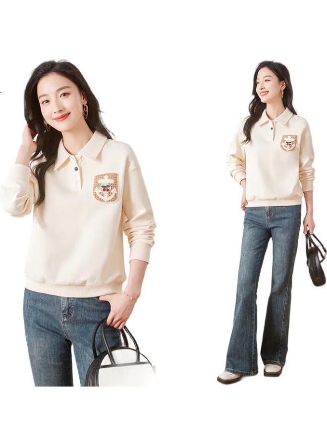 First Application Chushen Chunqiu Women'S Sweatshirt, Preppy Style, Polo Collar, Cherry Decoration, Loose Casual Top, S13Kw1097 - Image 1
