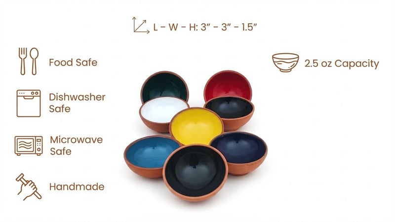 Ayennur Terracotta Pinch Bowls Set of 8 â€“ Small Ceramic Prep Bowls for Spices, Sauces & Dips â€“ Mini Dipping Bowl for Kitchen Prep, Serving & Charcuterie â€“ Colorful Handmade-Style Bowl - Image 2