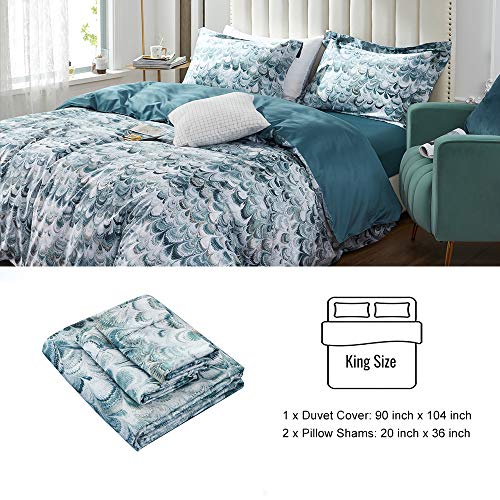 MILDLY 100% Long Staple Cotton King Duvet Cover Set, Aqua Blue Peacock Tail Plume Pattern Printed Comforter Cover Set - Image 4