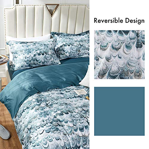 MILDLY 100% Long Staple Cotton King Duvet Cover Set, Aqua Blue Peacock Tail Plume Pattern Printed Comforter Cover Set - Image 3