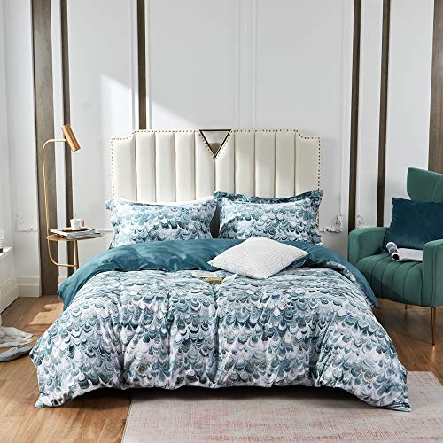 MILDLY 100% Long Staple Cotton King Duvet Cover Set, Aqua Blue Peacock Tail Plume Pattern Printed Comforter Cover Set - Image 1