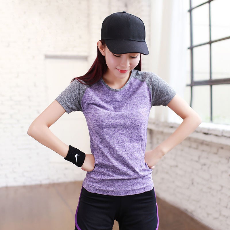 Generic Special offer sports short-sleeved shorts pants running fitness tight quick-drying breathable sweat-absorbent slim-fit top yoga clothes 0201 purple gray