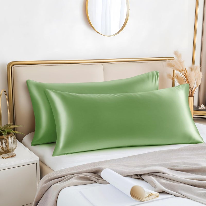 Satin Body Pillow Cover 2 Pack, Super Soft and Cooling Body Pillow Pillowcase for Hair and Skin, Breathable Silky Full Long Pillowcase Cover(20"x54", Sage Green) - Image 2