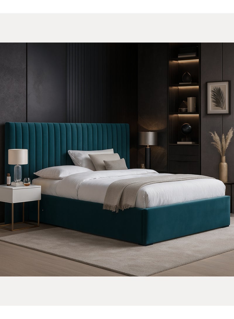 KUSTOMDECO سرير فخم مبطن بقطيفة زرقاء مع مسند رأس مرتفع | إطار سرير حديث قابل للتخصيص مع تخزين للغرفة | سرير مزدوج بحجم 120x200 سم - Image 2
