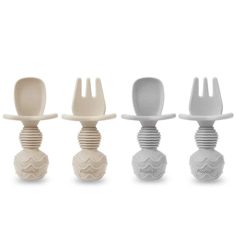 PandaEar 4 Pack Silicone Baby Led Weaning Spoon Fork First Training Self Feeding Utensils Set AntiChoke Silverware Eating Supplies for Toddler 6 Months Up Carnation Grey - Image 1