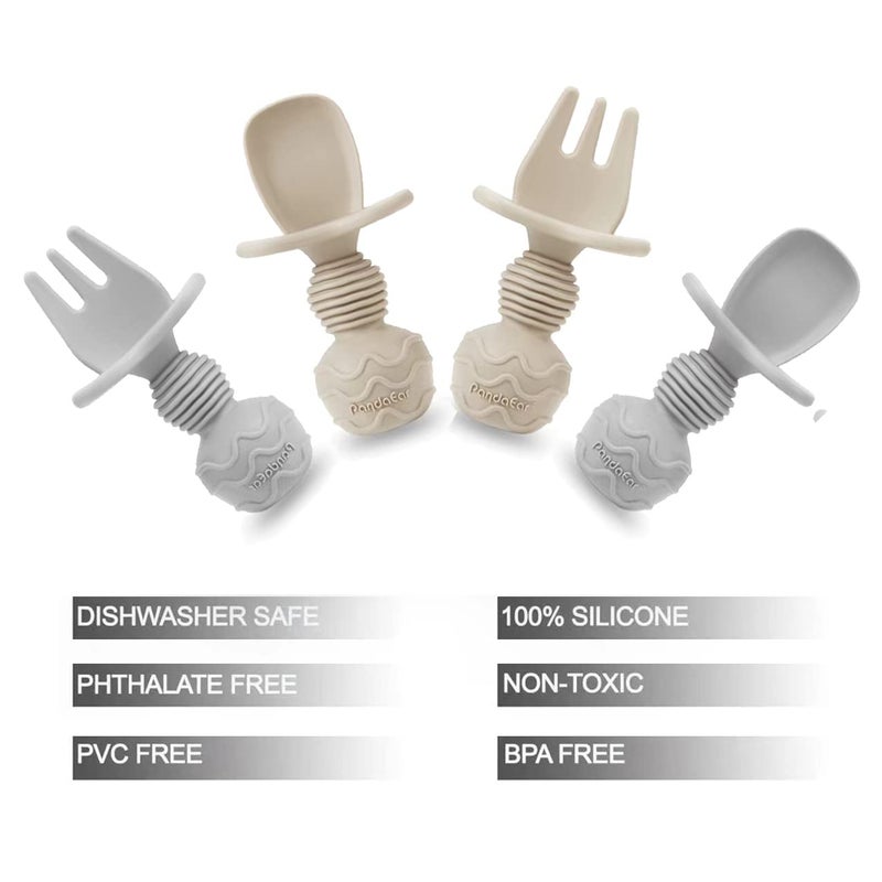 PandaEar 4 Pack Silicone Baby Led Weaning Spoon Fork First Training Self Feeding Utensils Set AntiChoke Silverware Eating Supplies for Toddler 6 Months Up Carnation Grey - Image 5