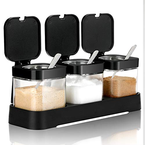 Mlici Condiment Jar Spice Container with Lids and Spoons, 8.6oz Clear Glass Condiment Canisters Pots Seasoning Box Salt Container Sugar Bowl Set of 3 for Kitchen, Containers, Black - Image 1