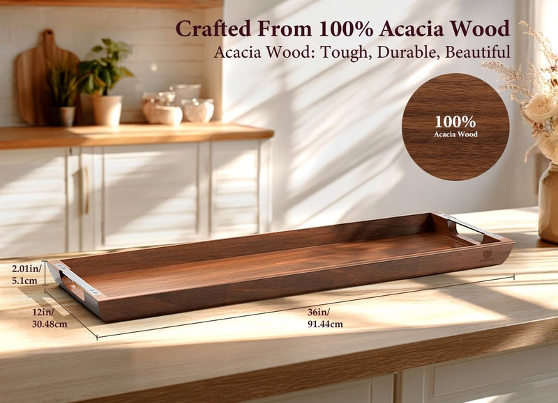 Dofira Large Acacia Wood Serving Tray with Metal Handles - 36" Long Charcuterie Board for Cheese, Meat & Appetizers - Perfect for Kitchen, Entertaining, Gatherings & Home Decor - Image 2
