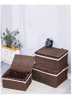 Storage Basket with Lid Set of 3 Wicker Baskets for Storage Decorative Storage Boxes for Shelves Woven Basket Storage Bins Nesting Wicker Baskets Storage Organization with Lid