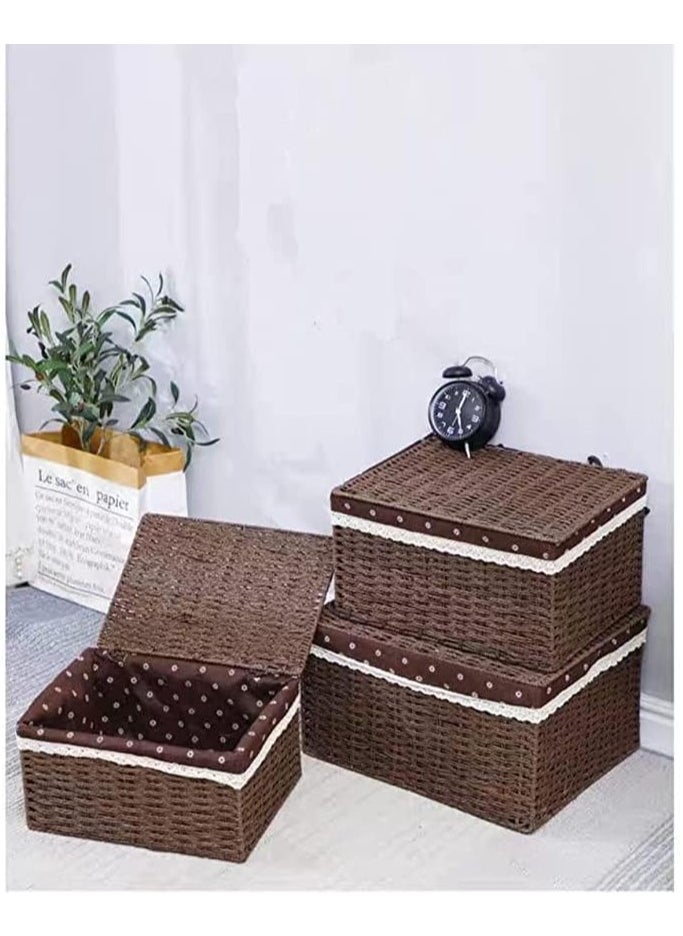 LINGWEI - Storage Basket with Lid Set of 3 Wicker Baskets for Storage Decorative Storage Boxes for Shelves Woven Basket Storage Bins Nesting Wicker Baskets Storage Organization with Lid - Image 1