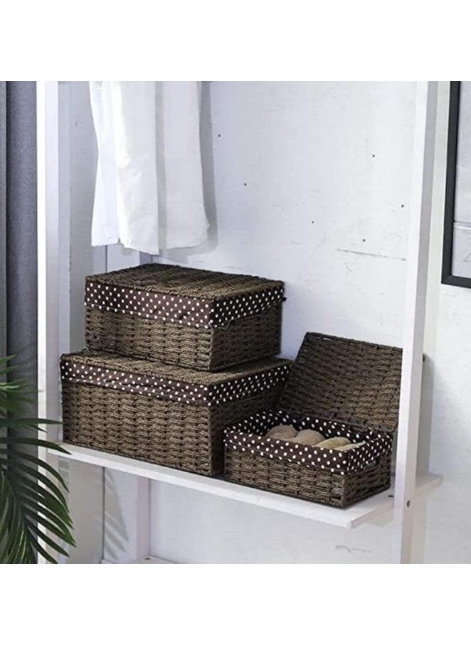 LINGWEI - Storage Basket with Lid Set of 3 Wicker Baskets for Storage Decorative Storage Boxes for Shelves Woven Basket Storage Bins Nesting Wicker Baskets Storage Organization with Lid - Image 1