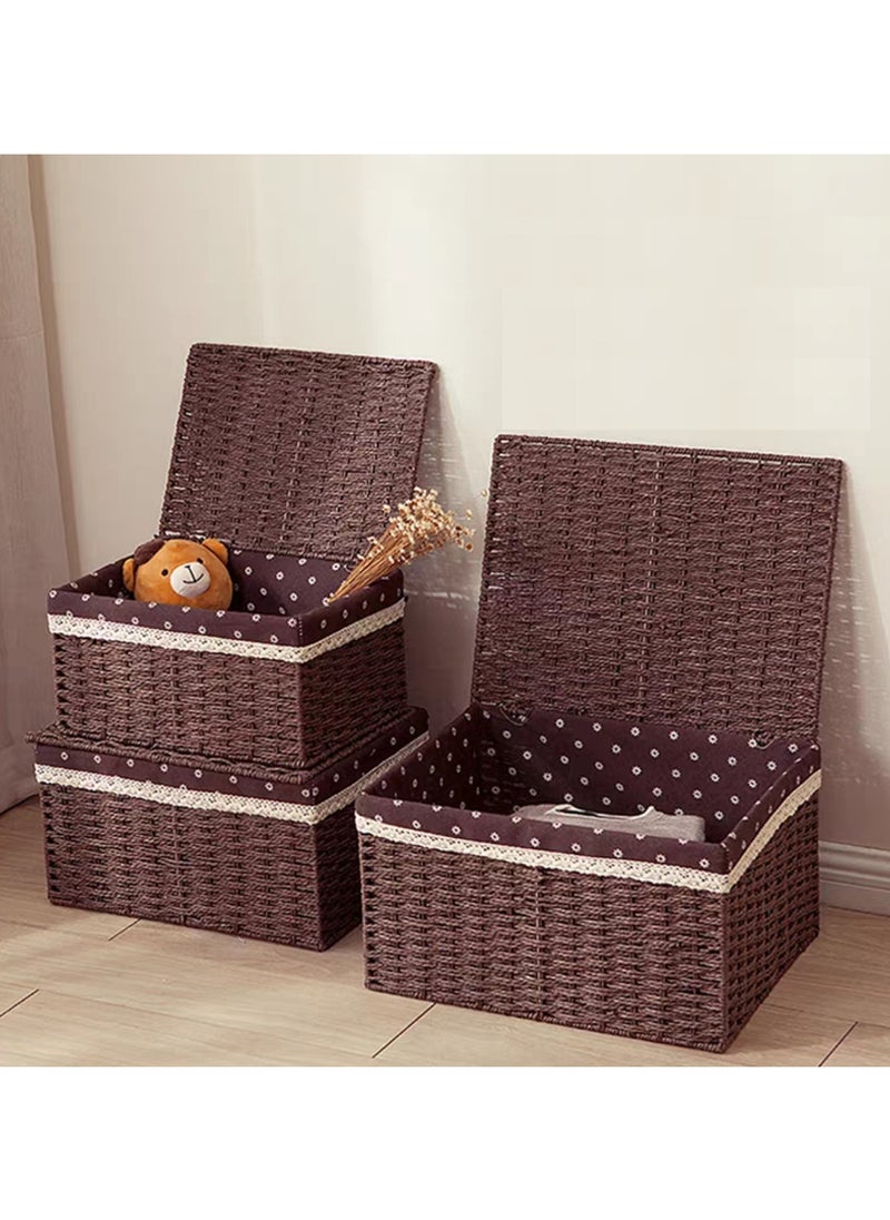 LINGWEI - Storage Basket with Lid Set of 3 Wicker Baskets for Storage Decorative Storage Boxes for Shelves Woven Basket Storage Bins Nesting Wicker Baskets Storage Organization with Lid - Image 1