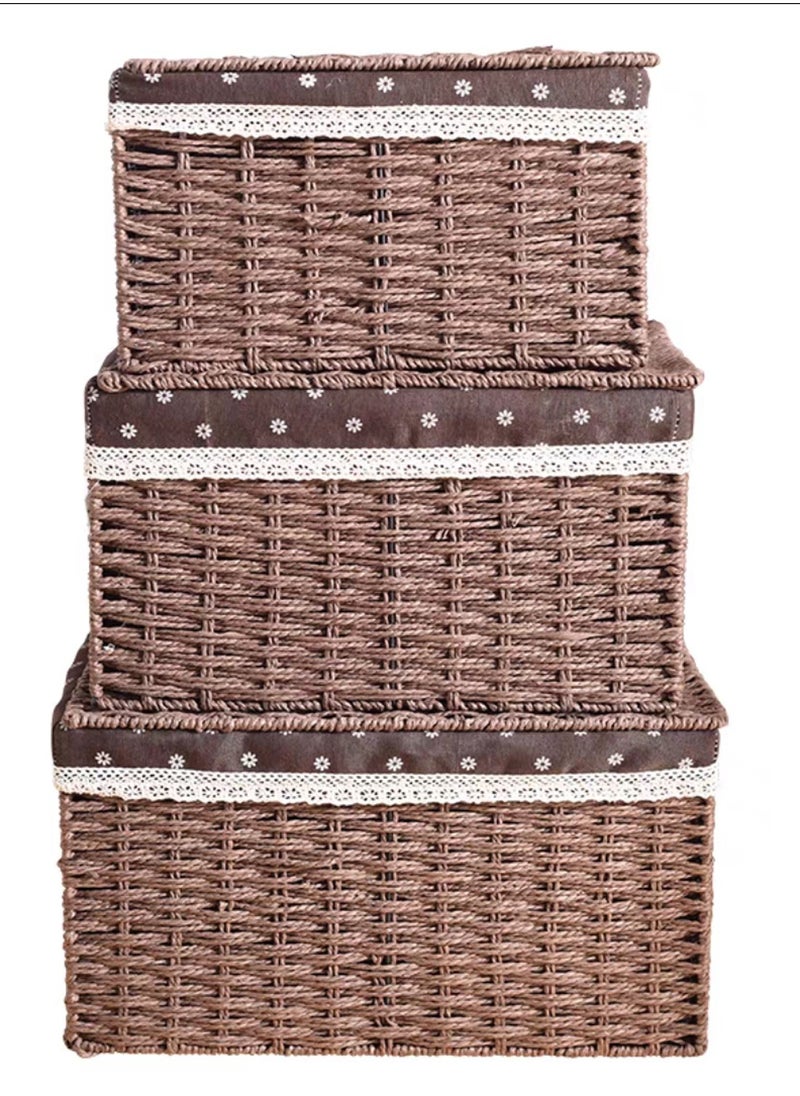 LINGWEI - Storage Basket with Lid Set of 3 Wicker Baskets for Storage Decorative Storage Boxes for Shelves Woven Basket Storage Bins Nesting Wicker Baskets Storage Organization with Lid - Image 1