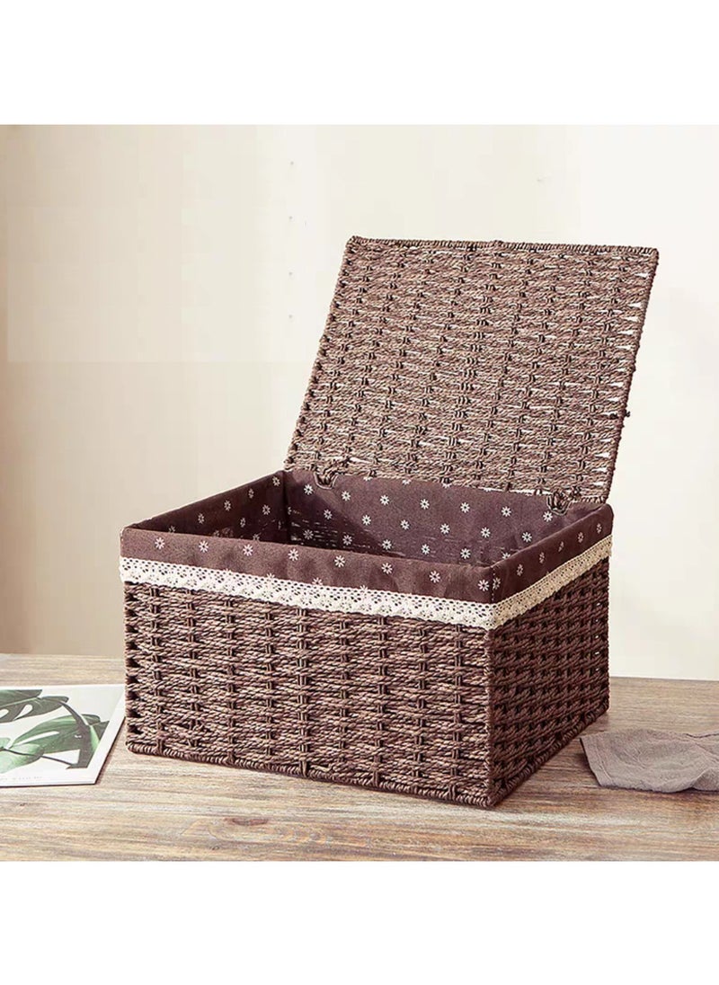 LINGWEI - Storage Basket with Lid Set of 3 Wicker Baskets for Storage Decorative Storage Boxes for Shelves Woven Basket Storage Bins Nesting Wicker Baskets Storage Organization with Lid - Image 1