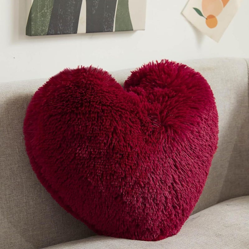MorroMorn Fluffy Heart Throw Pillows Shaggy Decorative Pillow for Sofa Couch Bed Cute Room Decor Decorations for Women Girls Kids Dark Red - Image 2