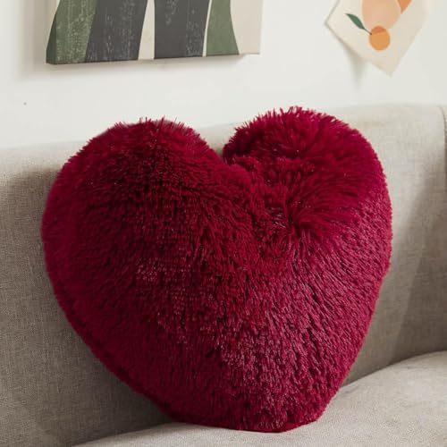 MorroMorn Fluffy Heart Throw Pillows Shaggy Decorative Pillow for Sofa Couch Bed Cute Room Decor Decorations for Women Girls Kids Dark Red - Image 1