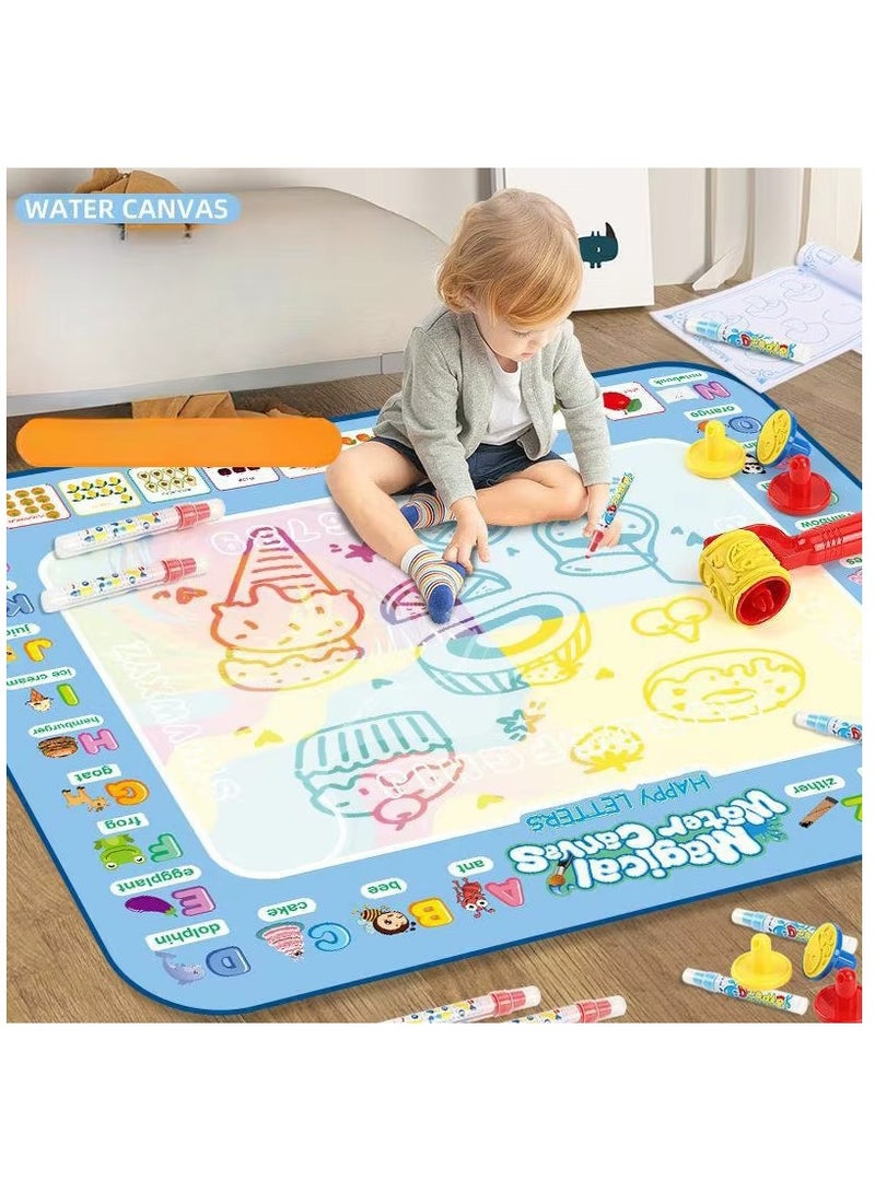 Magic Water Drawing Mat - Large Aqua Doodle Mat with Rainbow Color Background, Reusable Mess-Free Coloring Pad for Kids, Educational Water Painting Toy with Pens and Stencils  - Image 1