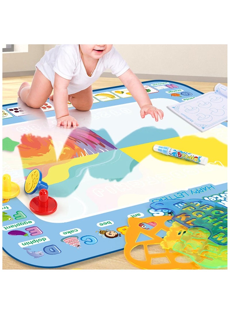 Magic Water Drawing Mat - Large Aqua Doodle Mat with Rainbow Color Background, Reusable Mess-Free Coloring Pad for Kids, Educational Water Painting Toy with Pens and Stencils  - Image 4