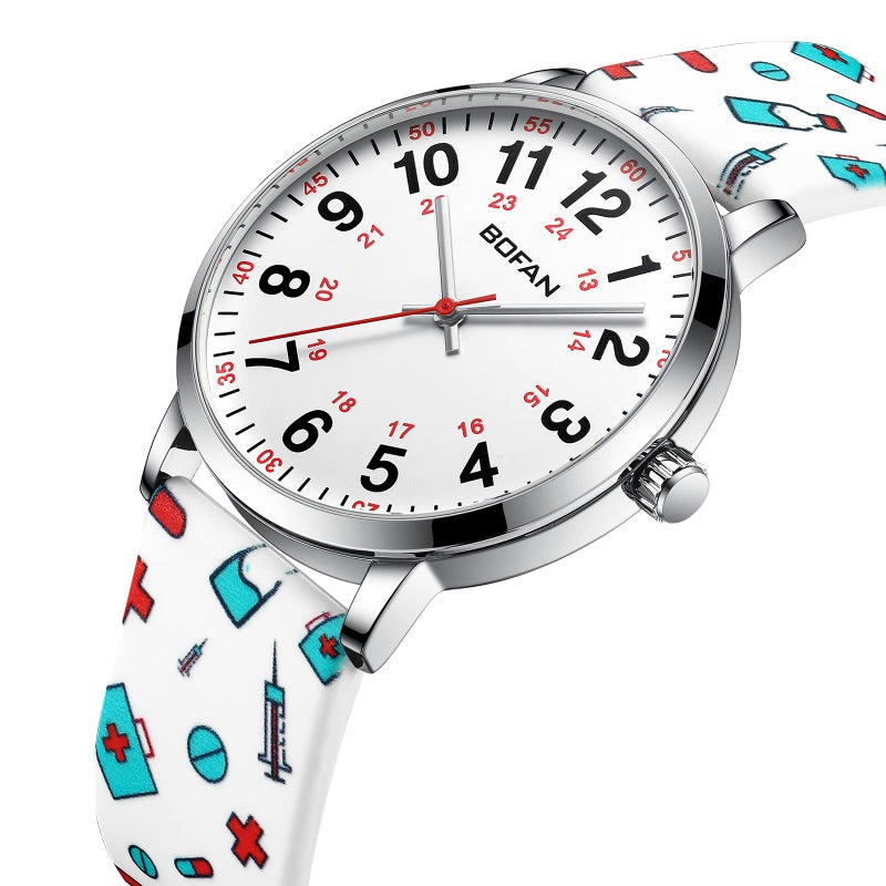 BOFAN Nurse Watch for Medical Professionals,Students,Doctors with Easy to Read Dial,Second Hand and 24 Hour,Soft White Print Silicone Band,Water Resistant - Image 2