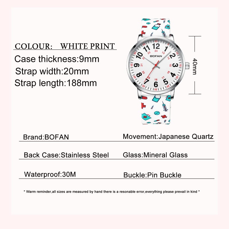 BOFAN Nurse Watch for Medical Professionals,Students,Doctors with Easy to Read Dial,Second Hand and 24 Hour,Soft White Print Silicone Band,Water Resistant - Image 5