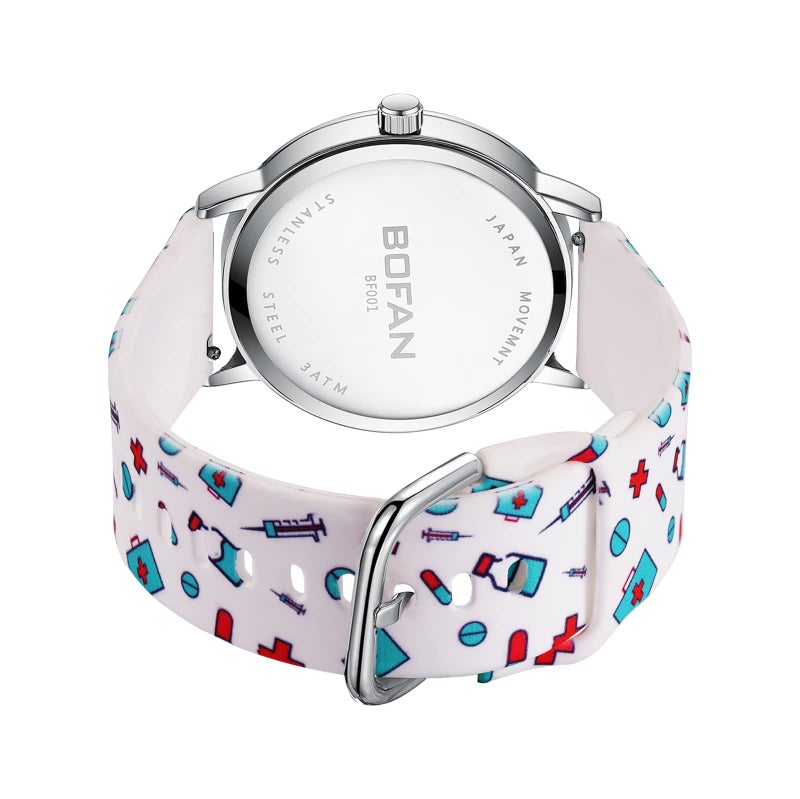 BOFAN Nurse Watch for Medical Professionals,Students,Doctors with Easy to Read Dial,Second Hand and 24 Hour,Soft White Print Silicone Band,Water Resistant - Image 3