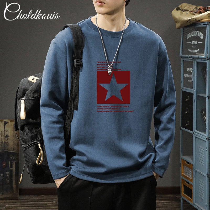 Men's long-sleeved t-shirt 2025 new spring and autumn white pure cotton base shirt men's autumn loose round neck top men - Image 1