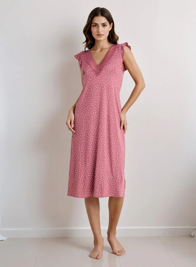 Splash FAV Midi Night Dress with Polka Dot Print