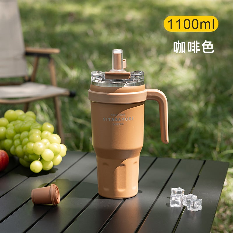 Large Capacity Handle Stainless Steel Thermos Cup Girls Office Ice Barb Coffee Cup Outdoor Portable Car Straw Cup Brown