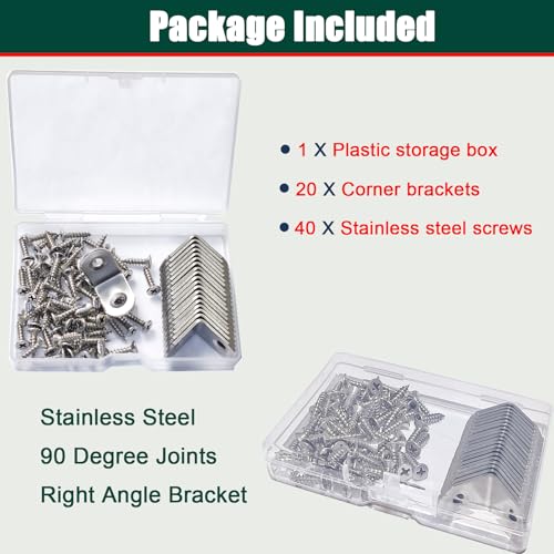 YEWLACA 20pcs L Bracket Corner Brace 30mmx30mm Stainless Steel 90 Degree Joints Right Angle Bracket Metal Fastener for Wood, Cabinet, with Screws - Image 2