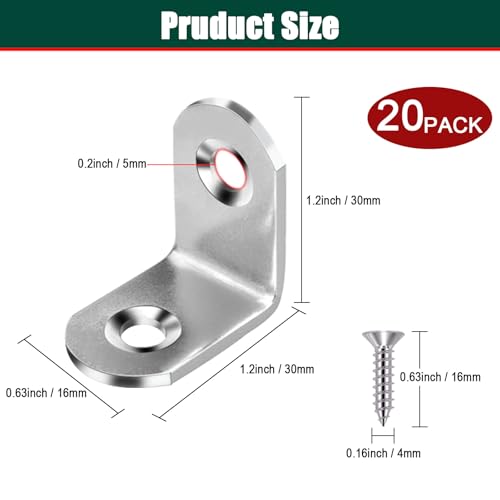 YEWLACA 20pcs L Bracket Corner Brace 30mmx30mm Stainless Steel 90 Degree Joints Right Angle Bracket Metal Fastener for Wood, Cabinet, with Screws - Image 3