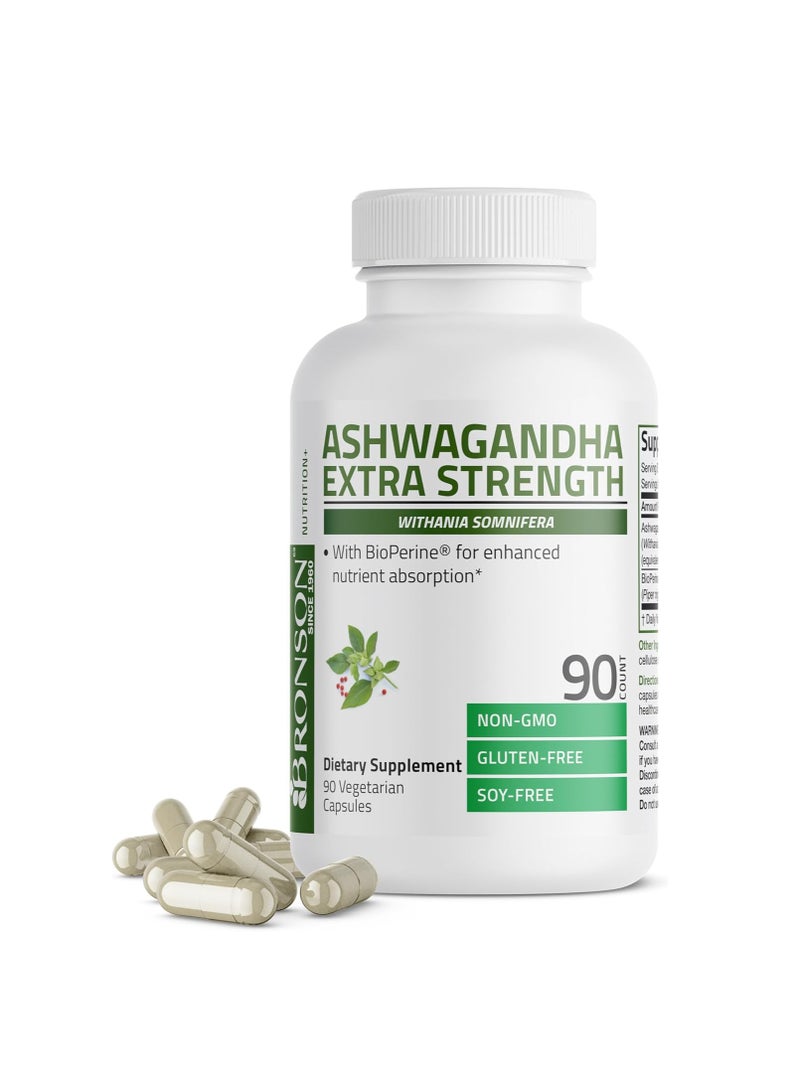 برونسون أشواغاندا قوة إضافية لدعم التوتر والمزاج مع بيوبيرين - تركيبة غير معدلة وراثيًا، 90 كبسولة نباتية - Image 1