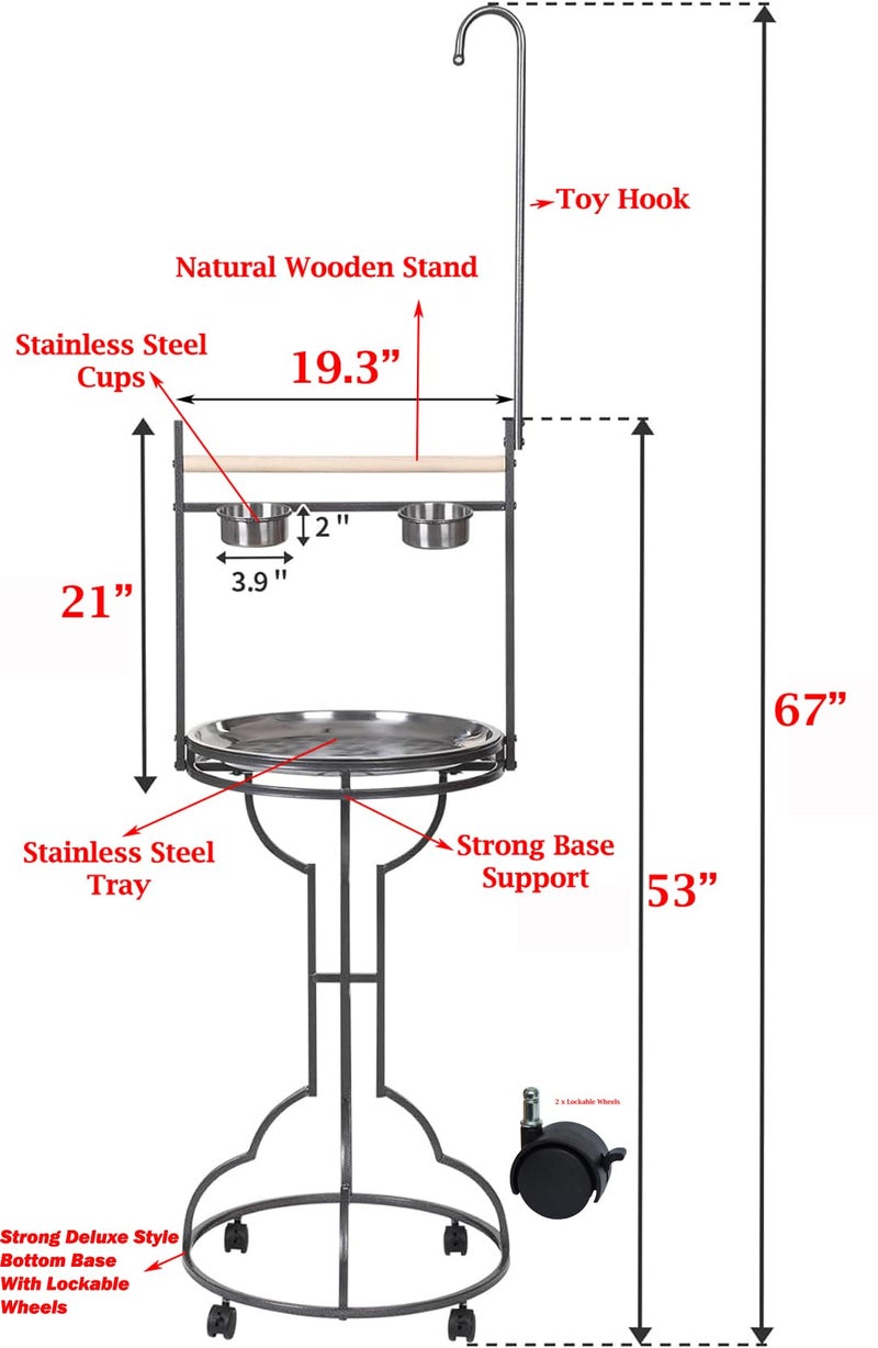 Mcage Elegant and Durable Wrought Iron Parrot Bird Play Perch Sturdy 4-Leg Rolling Stand Perch Gym Ground with Removable No Rust Stainless Steel Tray and Feed Cups Toy Hook - Image 1