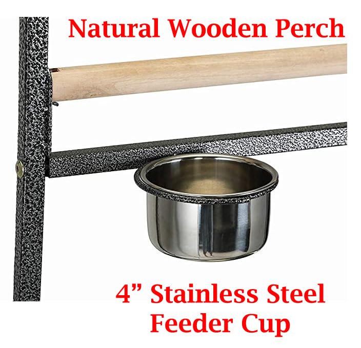 Mcage Elegant and Durable Wrought Iron Parrot Bird Play Perch Sturdy 4-Leg Rolling Stand Perch Gym Ground with Removable No Rust Stainless Steel Tray and Feed Cups Toy Hook - Image 2